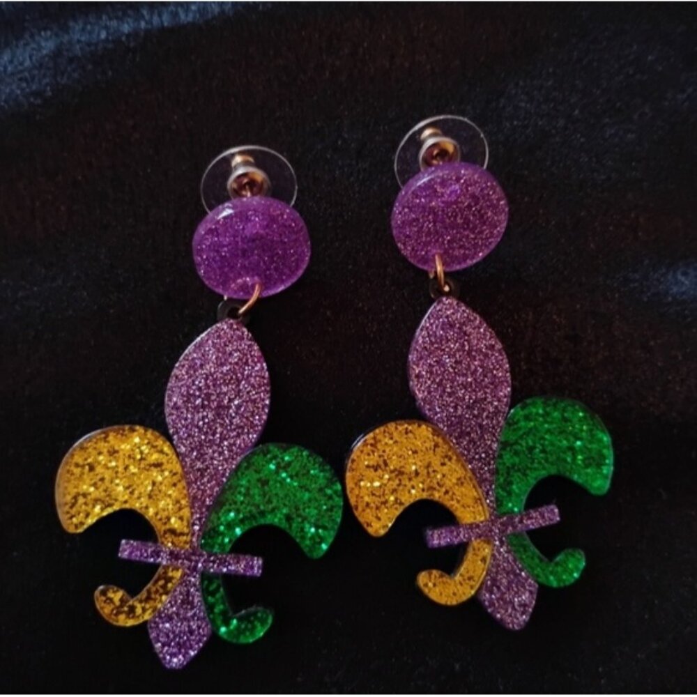 Women's Earrings gold purple green pierced novelty fleur de lis new orleans